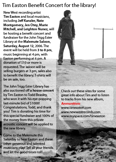 Tim Easton concert, Malemute Saloon Aug. 12, 3 to 8 pm